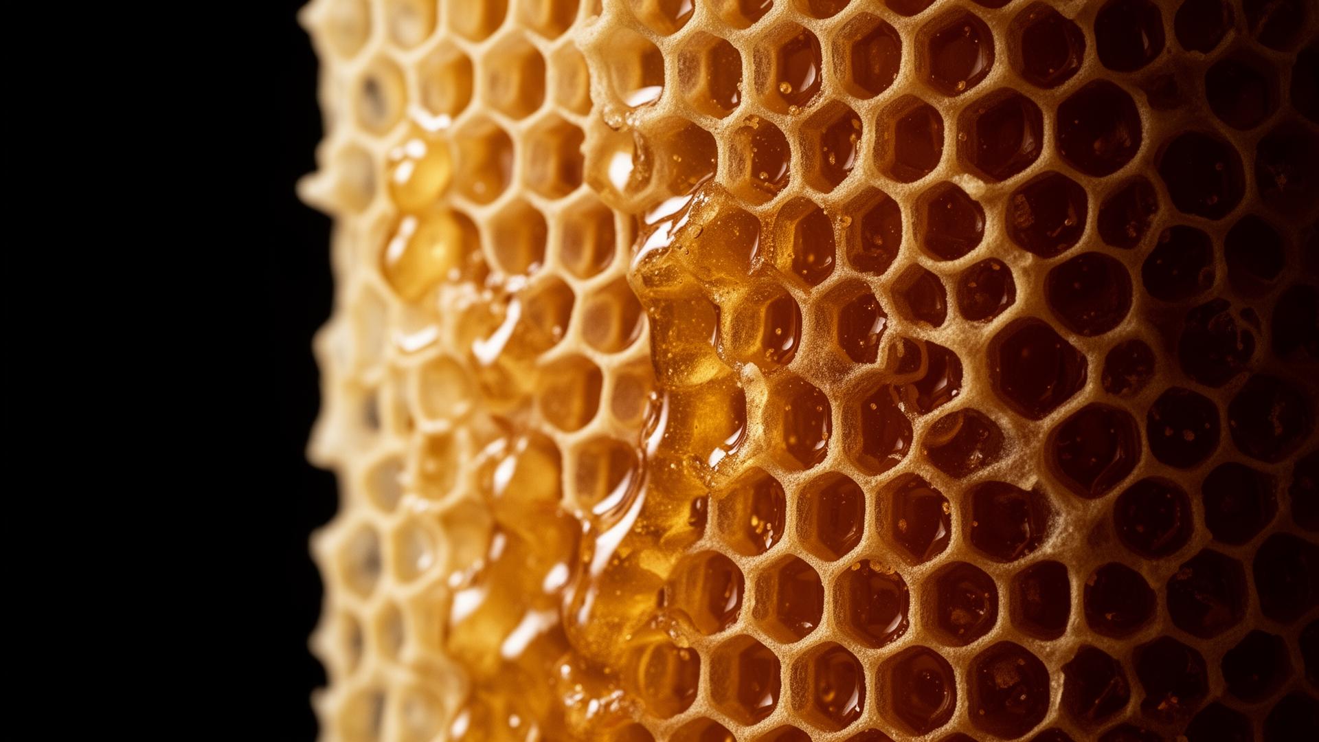 Macro d'un rayon de miel — alvéoles hexagonales
