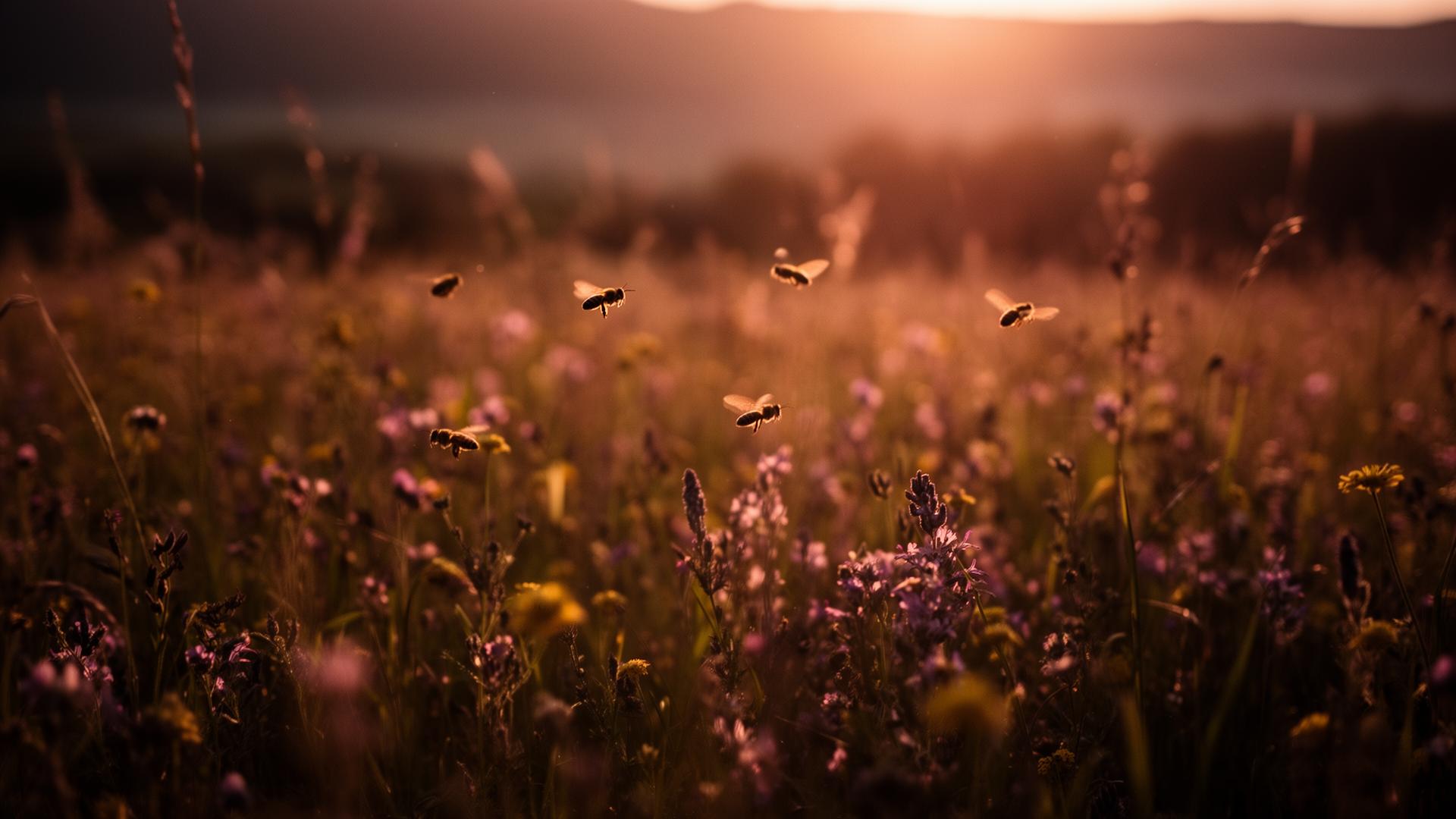 Prairie fleurie avec abeilles au crépuscule